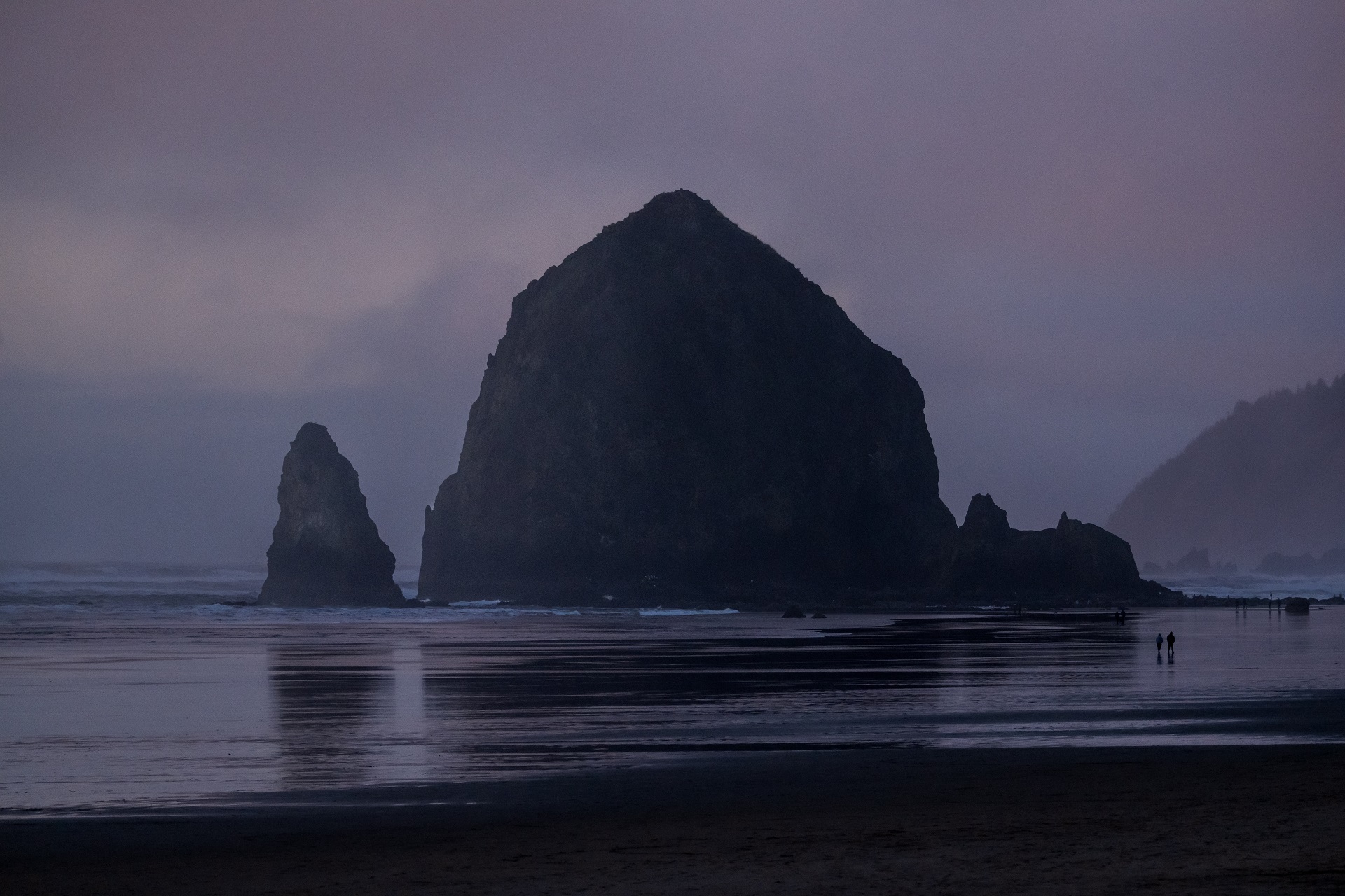 Haystack Rock at blue hour in Canon Beach, landscape photography by Tammy Jaquith
