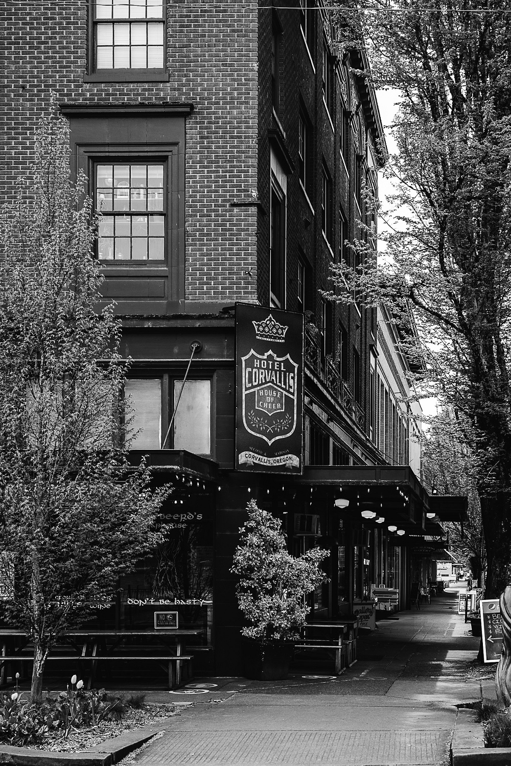 Hotel Corvallis, downtown black and white, landscape photography by Tammy Jaquith