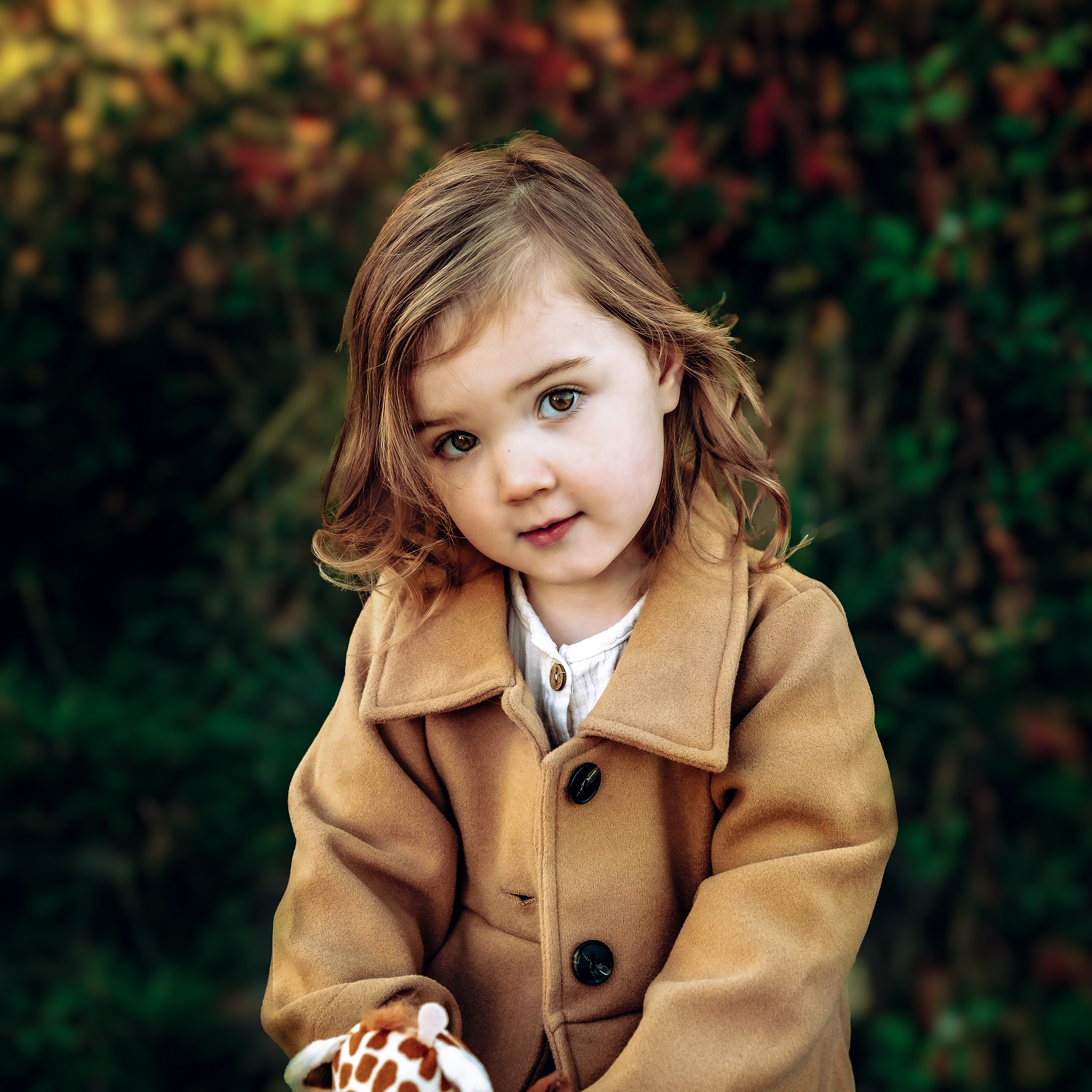 Fine art children's portrait of a toddler in a brown coat in autumn, Small Wonders session by Tammy Jaquith Photography in Oregon.