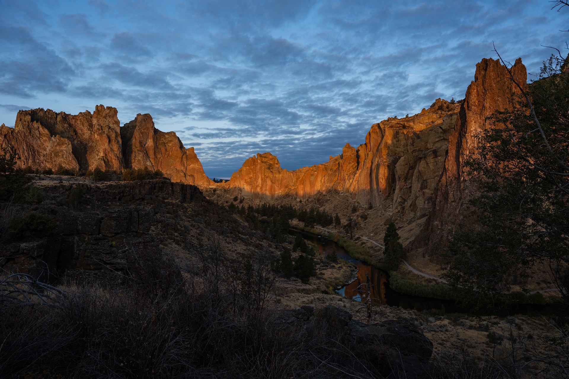 Smith Rock golden spires with the Crooked River winding through the canyon at sunrise, Central Oregon fine art landscape by Tammy Jaquith
